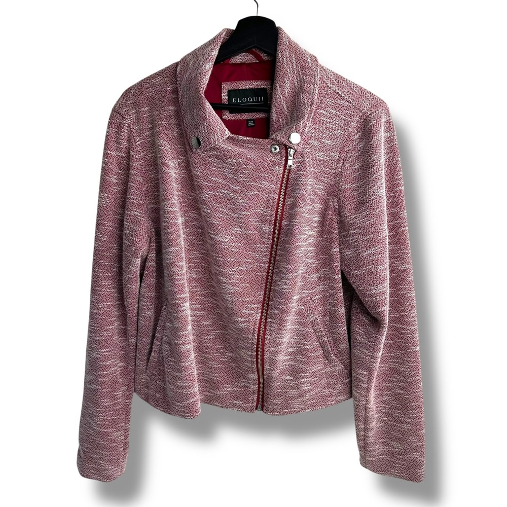 Eloquii Womens Burgundy Marled Textured Knit Asymmetrical Zip Moto Jacketβ 14/16
